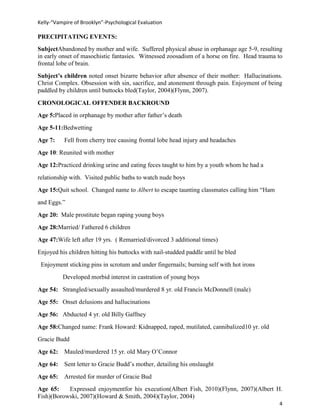 Kelly-“Vampire of Brooklyn”-Psychological Evaluation

PRECIPITATING EVENTS:
SubjectAbandoned by mother and wife. Suffered physical abuse in orphanage age 5-9, resulting
in early onset of masochistic fantasies. Witnessed zoosadism of a horse on fire. Head trauma to
frontal lobe of brain.
Subject’s children noted onset bizarre behavior after absence of their mother: Hallucinations.
Christ Complex. Obsession with sin, sacrifice, and atonement through pain. Enjoyment of being
paddled by children until buttocks bled(Taylor, 2004)(Flynn, 2007).

CRONOLOGICAL OFFENDER BACKROUND
Age 5:Placed in orphanage by mother after father’s death
Age 5-11:Bedwetting
Age 7:     Fell from cherry tree causing frontal lobe head injury and headaches
Age 10: Reunited with mother
Age 12:Practiced drinking urine and eating feces taught to him by a youth whom he had a
relationship with. Visited public baths to watch nude boys
Age 15:Quit school. Changed name to Albert to escape taunting classmates calling him “Ham
and Eggs.”
Age 20: Male prostitute began raping young boys
Age 28:Married/ Fathered 6 children
Age 47:Wife left after 19 yrs. ( Remarried/divorced 3 additional times)
Enjoyed his children hitting his buttocks with nail-studded paddle until he bled
 Enjoyment sticking pins in scrotum and under fingernails; burning self with hot irons
          Developed morbid interest in castration of young boys
Age 54: Strangled/sexually assaulted/murdered 8 yr. old Francis McDonnell (male)
Age 55: Onset delusions and hallucinations
Age 56: Abducted 4 yr. old Billy Gaffney
Age 58:Changed name: Frank Howard: Kidnapped, raped, mutilated, cannibalized10 yr. old
Gracie Budd
Age 62: Mauled/murdered 15 yr. old Mary O’Connor
Age 64: Sent letter to Gracie Budd’s mother, detailing his onslaught
Age 65: Arrested for murder of Gracie Bud
Age 65:    Expressed enjoymentfor his execution(Albert Fish, 2010)(Flynn, 2007)(Albert H.
Fish)(Borowski, 2007)(Howard & Smith, 2004)(Taylor, 2004)
                                                                                             4
 