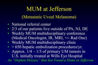 MUM at Jefferson
(Metastatic Uveal Melanoma)
• National referral center
• 2/3 of our patients live outside of PA, NJ, DE
•...
