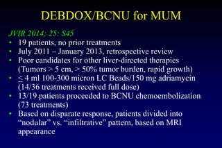 DEBDOX/BCNU for MUM
JVIR 2014; 25: S45
• 19 patients, no prior treatments
• July 2011 – January 2013, retrospective review...