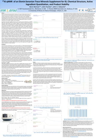 27Al qNMR of an Elemin Senonian Trace Minerals Supplement for ID, Chemical Structure, Active 
Ingredient Quantitation, and Product Stability 
Boris Nemzer1,2, John Hunter1, John C. Edwards3 
1: VDF Futureceuticals Inc., Momence, IL USA. 2: Process NMR Associates LLC, Danbury, CT USA 
3: University of Illinois at Urbana Champaign, Urbana, IL, USA 
Abstract 
Aluminum (Al) is the third most abundant element and the most abundant element found in the 
Earth’s crust. Elemin™ (FutureCeutical, Inc., Momence, IL, USA) is a multi inorganic element 
complex with more then 70 inorganic elements and minerals all of which are completely water 
soluble, including all the Al compounds. The objective of this study is to show, using NMR 
technology, that Al compounds present in an aqueous solution of Elemin™ are almost exclusively 
soluble sulphate forms and confirm that they are not present as insoluble forms such as Al oxide or 
Al hydroxide. We have obtained liquid and solid-state 27Al NMR spectra for Elemin™ and several 
model salts such as Al2(SO4)3, KAl(SO4)2, Al2O3 and Al(OH)3. 
Quantitative liquid-state 27Al NMR of EleminTM and the various salts was performed on a 300 MHz 
NMR system. Quantitative NMR demonstrated that accurate calibrations clould be obtained for the 
fully water soluble samples such as Al2(SO4)3, KAl(SO4)2. For Al2O3 and Al(OH)3 the qunatitative 
calibrations could not be developed due to sample insolubility. Utilizing the Al content obtained 
from ICP-MS it was possible to obtain a quantitative calibration for EleminTM dissolved in water 
indicating that the Al forms in the product are fully water soluble, This calibration experiment 
precludes the presence of insoluble Al2O3 or Al(OH3) compounds in the product. Also, the presence 
of Al3+(H2O)6 and Al+(H2O)5(SO4) in the 27Al spectrum of EleminTM at the same ratio as is observed 
for aqueous Al2(SO4)3, indicates the presence of Al in this form. 
Solid-state 27Al NMR was performed on a 200 MHz NMR system equipped with a 7mm MAS probe. 
The Elemin™ sample shows second order quadrupole lineshapes and chemical shifts that are 
considerably different to insoluble forms of Al and chemical shifts that are similar to Al sulfate. 
However, the quadrupole lineshape of the Elemin Al species is different than pure crystalline 
Al2(SO4)3. This is likely due to the manufacturing process of the EleminTM product which involves 
spray drying of Al containing solutions onto the mineral matrix. This sample preparation method 
prevents formation of highly crystalline domains and leads to an amoprphous form of the Al 
species. Quantitation of the Al in the EleminTM product was also performed by solid-state NMR. 
Finally, a stability study performed followed by liquid and solid state 27Al NMR for the same sample 
of Elemin™ exposed to three different temperatures for varying periods of time - 35oC for 6 hours, 
50oC for 6 hours and 70oC for 18 hours. No differences were observed in either the liquid or solid-state 
NMR spectra of the various treated samples which indicates that the samples were stable 
under the temperature conditions applied over the course of the experiment. No changes in the 
sulphate soluble form of Al were observed. 
Background: 
elemin® Senonian Trace Minerals is an ultra-mineral complex. It is a GRAS (Generally Recognized as 
Safe) plant-derived mineral powder,that is cold-water extracted from a pre-historic plant (peat) 
deposit laid down during the Cretaceous period replete with the full spectrum of naturally-chelated 
elements and minerals. The white powdered product is 100% water-soluble and contains more 
than 70 plant-based, small particle minerals, including the full-range of lesser-known minerals that 
may have served as important co-factors in our biological development. Many of these minerals 
have been stripped from soils and are no longer available in our modern diets. 
Concentrated and dried by FutureCeuticals’ proprietary process, elemin® Senonian Trace Minerals 
is manufactured in carefully monitored cGMP and HAACP food-compliant facilities and is Certified 
Kosher by the Orthodox Union. elemin® is ideal for functional foods and beverages and finds many 
applications in drinks, energy and nutritional bars and dietary supplements. elemin® is also 
available in liquid form. elemin® has earned self-affirmed GRAS status for use in food and 
beverages. Per FDA regulations, self-affirmed GRAS status is only granted after careful expert 
review in order to confirm the safety of using the product under the intended conditions. 27Al NMR 
was utilized to identify the aluminum species present, quantify the elemental Al content, observe 
the Al chemistry of the product during stability testing under different temperature conditions and 
to develop a methodology to identify adulteration of the product. 
Experimental - 27Al NMR: 
Liquid-state 27Al NMR was performed on a Varian Mercury 300MVX NMR spectrometer (Palo Alto, 
CA USA) equipped with a 5mm Varian ATB Probe at a resonance frequency of 78.09 MHz. 16k 
points were acquired for a spectral width of 25 kHz yielding an acquisition time of 0.638 seconds. A 
relaxation delay of 0.5 seconds was found to be adequate for quantitative analysis. All samples 
were dissolved in D2O (Cambridge Isotope Laboratories). KAl(SO4)2.12H2O was utilized as the 
chemical shift reference for the experiments. 
Solid-State 27Al NMR was performed on a Varian UnityPlus 200 NMR spectrometer (Palo Alto, CA 
USA) equipped with a Doty Scientific 7mm Supersonic MAS probe. Samples were spun at a magic 
angle spinning rate of 5-6 kHz and the signal was acquired at a resonance frequency of 52.12 MHz 
over a spectral width of 80 kHz and with a 0.25 second relaxation delay. KAl(SO4)2.12 H2O was 
utilized as the chemical shift reference for the experiments. 
27Al TD-qNMR – Quantitative 27Al was performed on a Mobilab®130 Elemental Analyzer (One 
Resonance Sensors, San Diego, CA USA, detect-ors.com/products/mobilab/) at a resonance 
frequency of 6.828 MHz. 
Samples Analyzed: 
elemin Lot# 16424472N881.1 
Al2(SO4)3 – Anhydrous – Aldrich, Lot MKBL3811V 
KAl(SO4)2 – dodecahydrate – Aldrich – Chemical Shift Standard (0 ppm) 
Al2O3 – Aldrich, Lot SZBD0300V 
Al(OH)3 – Aldrich, Lot MKBH4311V 
Mixtures of elemin in Maltodextrin 
Sample Preparation: 
Solid-state NMR experiments were performed on the pure component materials. Liquid-state 78.09 
MHz NMR was performed on samples dissolved in a combination of D2O/DI Water, and TD-qNMR 
was performed on samples dissolved in DI water. Samples of elemin adulterated with maltodextrin 
were prepared on a balance accurate to the nearest 0.1mg. 
qNMR Results 
Quantitation of Aluminum in the Elemin sample was performed by direct comparison of the NMR 
signal obtained from 22.1 mg of Al2(SO4)3 and the signal obtained from 56.8 mg of Elemin. The 
calculation requires that the signal intensity per mg of Al in the sample be determined followed by 
a calculation of the mg of Al in the Elemin sample. This then allows the wt% of Al to be calculated 
using the following equation. Figure 1 shows the absolute intensity plot of the Al2(SO4)3 standard 
compared to the Elemin. This data was utilized to calculate the Aluminum content of elemin. 
Wt% Al in Elemin = 100*( IB / (IA / ((54/342) * WA))/ WB 
where, A=Al2(SO4)3, Mw=342, B=Elemin, 54 is the atomic weight of the Al atoms in sample A, W = 
weight and I = integral intensity 
Liquid-state 78.09 MHz 27Al calculated that the Al content of Elemin is 2.41 wt%. 
A second qNMR approach was utilized with a cryogen-free bench-top Mobilab 130 TD-NMR system 
designed for elemental analysis. The system was supplied with BB probe as well as aprobe 
optimized for Na/Al. An external calibration standard (3867 ppm) was prepared from 
Al(NO3)3.9H2O. Direct comparison of the calibration sample to the signal intensity obtained on 100 
mg of elemin dissolved in 2 grams of water yielded the %Al present in the pure elemin sample. The 
resulting calibration is presented in Figure 1. 
Liquid-state 6.828 MHz 27Al TD-qNMR calculated that the Al content of Elemin is 2.64 wt%. 
ICP-MS Analysis of the same elemin sample found an Al content of 2.66 w%, thus validating the use 
of NMR for Aluminum elemental content analysis. 
Figure 3: Comparison of absolute signal intensity spectra of Al2(SO4)3 (Anhydrous) external 
standard and the elemin sample prepared for qNMR 
Results: 
Liquid-state 27Al NMR was obtained on all the samples but two samples failed to yield a 
detectable signal – these samples were Al(OH)3 and Al2O3 which were both completely insoluble 
in D2O. In liquid-state NMR signal is only observed from fully dissolved species. The liquid-state 
27Al NMR spectra are shown in Figure 2. 
It should be noted that when a sulfate salt of aluminum is dissolved two aqueous species are 
formed 1) the hexa-aquo trivalent cation at 0 ppm and the penta-aquo aluminum sulfate 
monovalent cation at -3.3 ppm. The elemin sample shows the same characteristic as the pure 
aluminum sulfate reference materials indicating that the predominant soluble Al species is 
aluminum sulfate. No signals that might be due to Al coordinated to other anions are observed 
in the spectrum. 
The calculated aluminum content of 2.41 wt% is in good agreement with the ICP result (2.66 
wt%) which is a strong indicator that all the Al in the sample is in soluble form as the presence 
of insoluble Al would cause the liquid-state 27Al NMR to underestimate the Al content as 
insoluble Al would not be observed. Figure 3 shows the high field 27Al NMR comparison of the 
external Al2(SO4)3 standard and the prepared elemin sample. 
To further confirm that insoluble Al is not present we decided to perform the solid-state 27Al 
NMR in order to see the signals from ALL the aluminum in the sample rather than just observing 
the soluble component. We wanted to observe if Al(OH)3 or Al2O3 could be observed directly in 
the elemin sample. Several reference compounds were run for comparison. The solid-state 27Al 
NMR spectra obtained are shown in Figures 4 and 5. 
Figure 1: Liquid-state 27Al NMR of the soluble salts analyzed in this study. 
Figure 1: Aluminum content in maltodextrin adulterated elemin by TD-qNMR with the One 
Resonance Sensors Mobilab 130 Elemental Analyzer – probe optimized for 23Na and 27Al 
Figure 4: Full solid-state 27Al NMR spectrum obtained by selective echo experiment 
for elemin and standard aluminum species. 
Figure 4 shows the full spectrum obtained on elemin and the aluminum standard samples and demonstrates 
the fact that when the isotropic quadupolar lineshape is narrow a large number of spinning sidebands are 
observed Figure 5 shows the expanded spectrum allowing the chemical shift differences between elemin 
and the aluminum reference materials to be observed. Table I shows a summary of the chemical shifts (peak 
maxima position). 27Al is a quadrupolar nuclei which means that it’s solid-state NMR signals are quite 
different than what is typically observed for spin ½ nuclei such as 1H, 13C, 29Si, 31P. In quadrupolar nuclei 
there is an asymmetric charge distribution in the nucleus caused by a non-symmetry of the neutrons and 
protons. This charge gradient is called a quadrupole and it strongly interacts with the magnetic moment of 
the nucleus which manifests itself as a non-symmetric broadening of the observed signal in the NMR 
spectrum. In short, if an aluminum species has a high symmetry in the way that it is coordinated to the 
other elements of the molecule it is in (example octahedral or tetrahedral symmetry) the observed NMR 
signal is narrow and many spinning sidebands are observed. However, if there is a non-symmetry in the 
molecule centered around the aluminum the signals will be broad. Looking at the elemin spectrum 
compared to the reference materials it is obvious that there is a chemical shift difference between elemin 
and Al2O3 and Al(OH)3 as well as a difference in signal width and lineshape. These two characteristics can be 
used to determine that there are no insoluble aluminum materials such as aluminum hydroxide (Al(OH)3) or 
Aluminum Oxide (Al2O3) present in the elemin product. Again, the chemical shift similarity between elemin 
and the Al2(SO4)3 sample [points to the fact that aluminum coordinated to sulfate is the predominant form 
of aluminum in the supplement. However, the large difference in the quadrupole lineshape indicates that 
the aluminum sulfate in elemin is not crystalline. 
Table I: Chemical shift positions (peak maxima) of elemin and aluminum reference materials 
About FutureCeuticals, Inc. 
FutureCeuticals, Inc. is a vertically integrated functional food ingredient, product development, 
and bioanalytical research and discovery company with 700 conventional and 500 certified organic 
acres of farmland and over 1,000,000 square feet of manufacturing facilities in Illinois, Wisconsin, 
California, and Europe. For more information visit www.futureceuticals.com 
About Process NMR Associates, LLC. 
Process NMR Associates is an NMR application development laboratory that specializes in the 
development of automated NMR applications at high field (300 MHz Liquids and 200 MHz Solids), 
low field/high resolution (43-82 MHz) and low field/low resolution (TD-NMR at 15-26 MHz). The 
company also provides consulting and analytical NMR service utilizing in-house NMR capabilities. 
For more information visit www,process-nmr.com 
Figure 5: Solid-state 27Al NMR – chemicals shifts and line-shape of central transition. 
Figure 6: Liquid-state 27Al NMR of elemin temperature stability study – elemin exposed to 35oC 
50oC, and 70oC for 2, 4, 6, and 18 hours 
Figure 7: Liquid-state 27Al NMR of elemin temperature stability study – elemin treated at 35oC 
50oC, and 70oC for 2, 4, 6, and 18 hours 
Figure 8: Comparison of absolute 27Al NMR signal intensity for elemin samples treated at 
35oC, 50oC, and 70oC for 2, 4, 6, and 18 hours 
Temperature Stability Study: To investigate the sample stability of the elemin product the 
powder was exposed to temperatures of 35oC, 50oC, and 70oC for periods of 2, 4, 6, and 18 
hours. Liquid- (Figure 6) and solid-state (Figure 7) 27Al NMR was performed to look at the effect 
of temperature exposure on the absolute 27Al signal as well as the line-shape and chemical shift 
of the peaks. Figure 8 shows the comparison on liquid-state NMR absolute intensity signal with 
increasing exposure as well as the relative ratio of the two observed peaks. The ratio stayed 
identical and the signal intensity varied by less than 1% of the absolute signal. This indicates 
that no aluminum is lost during the heat treatment and the chemistry and solubility of the 
aluminum species is not effected. 
Conclusion: All forms of 27Al qNMR currently available (liquid, solid, and TD-NMR) can be utilized to 
determine the identity and quantity of aluminum species present in the elemin product. The 
quantitative NMR method can also be used to determine if adulteration of the product has occurred. 
The chemical and physical stability of the product under different heating conditions for various 
lengths of time was successfully monitored by NMR and the absence of non-soluble forms of 
aluminum in the product was also confirmed, 
