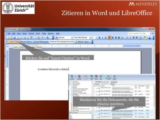 Zitieren in Word und LibreOffice




Klicken Sie auf "Insert Citation" in Word.




                                   Markieren Sie die Dokumente, die Sie
                                             zitieren möchten.
 