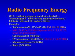 Radio Frequency Energy (RF) - oscillating magnetic and electric fields (I.e., “electromagnetic” fields) having  frequencies between 3 kilohertz (kHz) and 30 Gigahertz (GHz). Examples Radio waves(AM: 535-1605 kHz;  FM: 88-108 MHz ) MRI (21,43,64,128 MHz  protons in 0.5,1T,1.5T,3T; lower for spectroscopy) Cellphones (824-848 MHz) TV transmission (50-900 MHz;  Ch.2-4    54-72 MHz ) Microwave Ovens (2.45 GHz) Radar (3-30 GHz) 