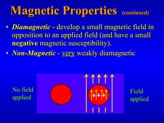 Magnetic Properties   (continued)   Diamagnetic  - develop a small magnetic field in opposition to an applied field (and have a small  negative  magnetic susceptibility). Non-Magnetic  -  very  weakly diamagnetic No field applied Field applied 