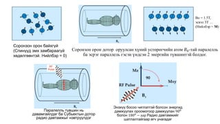 Соронзон орон байхгүй
(Спинүүд эмх замбараагүй
хөдөлгөөнтэй. Нийлбэр = 0)
Bo = 1.5T,
эсвэл 3T …
(Нийлбэр = M)
Паралелль түвшин нь
давамгайлдаг ба Субьектын дотор
радио давтамжыг нэвтрүүлдэг
Соронзон орон дотор оруулсан хүний устөрөгчийн атом 𝐵0-тай паралелль
ба эсрэг параллель гэсэн үндсэн 2 энергийн түвшинтэй болдог.
Энэхүү босоо чиглэлтэй болсон энергид
дамжуулах ороомогоор дамжуулан 900
болон 1800
− аар Радио давтамжийг
шатлалтайгаар өгч унагадаг
 