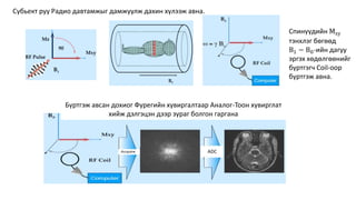 Субьект руу Радио давтамжыг дамжуулж дахин хүлээж авна.
Спинүүдийн Мху
тэнхлэг бөгөөд
В1 − В0-ийн дагуу
эргэх хөдөлгөөнийг
бүртгэгч Coil-оор
бүртгэж авна.
Бүртгэж авсан дохиог Фурегийн хувиргалтаар Аналог-Тоон хувирглат
хийж дэлгэцэн дээр зураг болгон гаргана
АDC
 