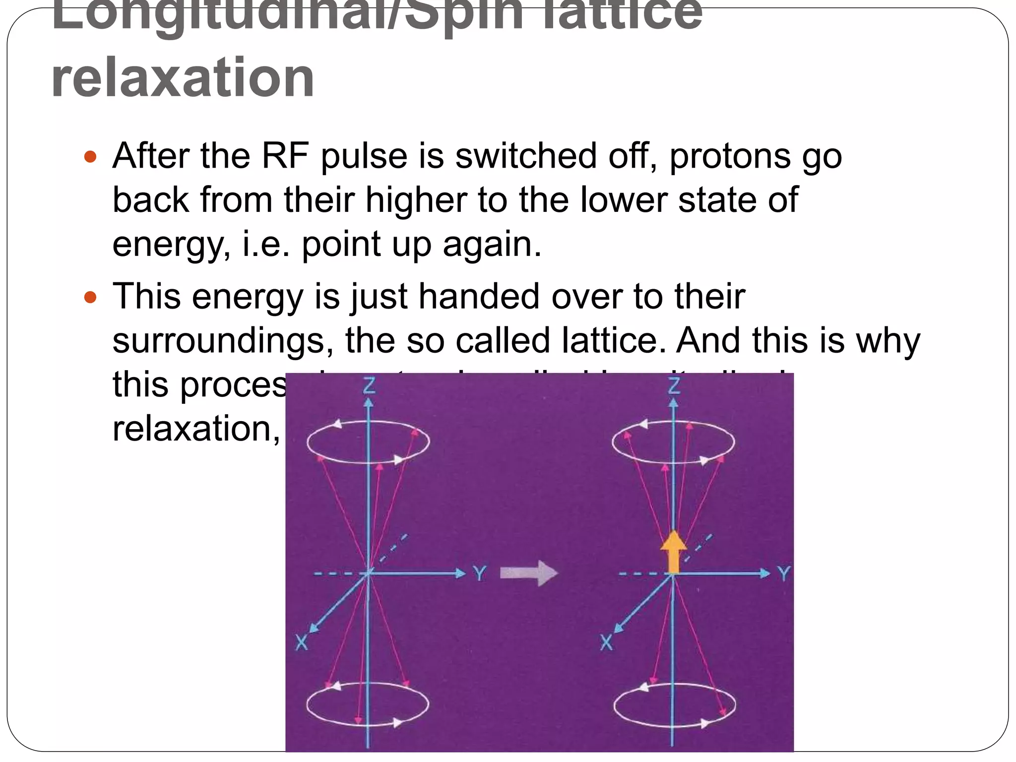 Longitudinal/Spin lattice
relaxation
 After the RF pulse is switched off, protons go
back from their higher to the lower state of
energy, i.e. point up again.
 This energy is just handed over to their
surroundings, the so called lattice. And this is why
this process is not only called longitudinal
relaxation, but also spin-lattice-relaxation
 