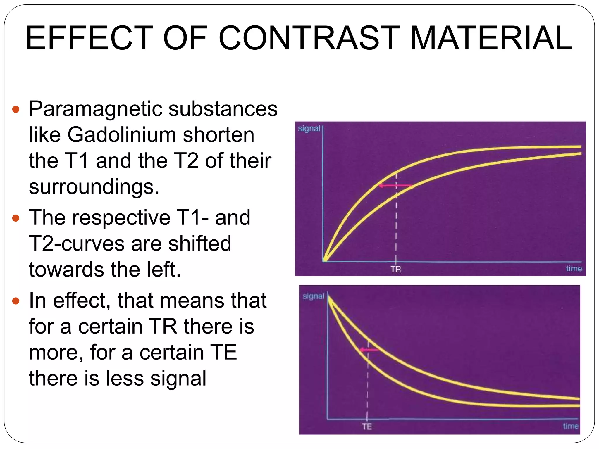  Paramagnetic substances
like Gadolinium shorten
the T1 and the T2 of their
surroundings.
 The respective T1- and
T2-curves are shifted
towards the left.
 In effect, that means that
for a certain TR there is
more, for a certain TE
there is less signal
EFFECT OF CONTRAST MATERIAL
 