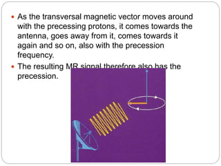  As the transversal magnetic vector moves around
with the precessing protons, it comes towards the
antenna, goes away from it, comes towards it
again and so on, also with the precession
frequency.
 The resulting MR signal therefore also has the
precession.
 