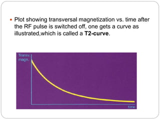 Plot showing transversal magnetization vs. time after
the RF pulse is switched off, one gets a curve as
illustrated,which is called a T2-curve.
 