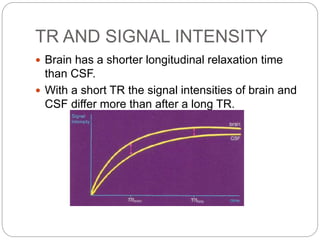TR AND SIGNAL INTENSITY
 Brain has a shorter longitudinal relaxation time
than CSF.
 With a short TR the signal intensities of brain and
CSF differ more than after a long TR.
 