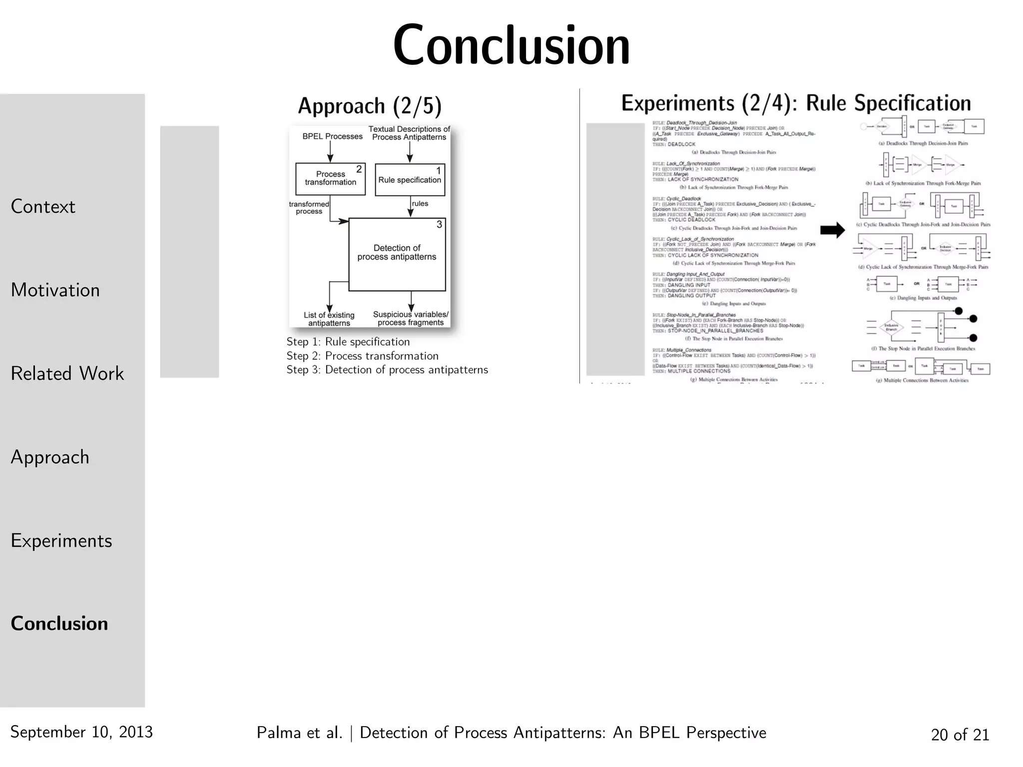 September 10, 2013 20 of 21
Conclusion
Context
Motivation
Related Work
Approach
Experiments
Conclusion
Palma et al. | Detection of Process Antipatterns: An BPEL Perspective
 