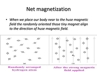 Net magnetization
• When we place our body near to the huse magnetic
field the randomly oriented those tiny magnet align
to the direction of huse magnetic field.
 