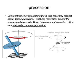 precession
• Due to influence of external magnetic field those tiny magnet
shows spinning as well as wobbling movement around the
nucleus on its own axis. Those two movements combine called
as a precession or lamor precession.
 