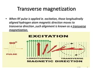 Transverse magnetization
• When RF pulse is applied ie. excitation, those longitudinally
aligned hydrogen atom magnetic direction moves to
transverse direction ,such alignment is known as a transverse
magnetization.
 
