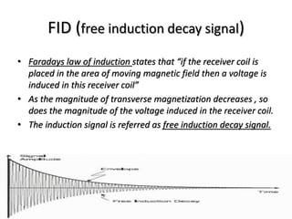FID (free induction decay signal)
• Faradays law of induction states that “if the receiver coil is
placed in the area of moving magnetic field then a voltage is
induced in this receiver coil”
• As the magnitude of transverse magnetization decreases , so
does the magnitude of the voltage induced in the receiver coil.
• The induction signal is referred as free induction decay signal.
 