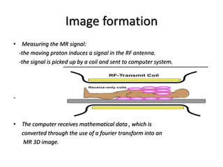 Image formation
• Measuring the MR signal:
-the moving proton induces a signal in the RF antenna.
-the signal is picked up by a coil and sent to computer system.
-
• The computer receives mathematical data , which is
converted through the use of a fourier transform into an
MR 3D image.
 