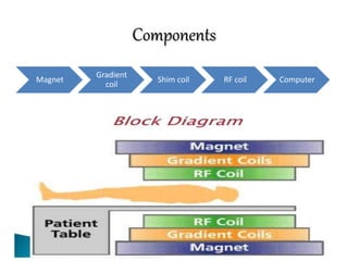 Components
Magnet
Gradient
coil
Shim coil RF coil Computer
 