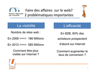 Nombre de sites web :
En 2008 ===> 186 Millions
En B2B, 60% des
acheteurs prospectent
La visibilité L’efficacité
Faire des affaires sur le web?
2 problématiques importantes
6
En 2008 ===> 186 Millions
En 2012 ===> 585 Millions
Comment être plus
visible sur Internet ?
acheteurs prospectent
d'abord sur Internet
Comment augmenter le
taux de conversion ?
 