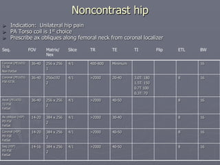 Coronal (PELVIS)
T1 SE
Non FatSat
36-40 256 x 256
1
4/1 400-800 Minimum 16
Coronal (PELVIS)
FSE-STIR
36-40 256x192
2
4/1 >2000 20-40 3.0T: 180
1.5T: 150
0.7T 100
0.3T: 70
8 16
Axial (PELVIS)
T2 FSE
FatSat
36-40 256 x 256
2
4/1 >2000 40-50 8 16
Ax oblique (HIP)
PD FSE
FatSat
14-20 384 x 256
2
4/1 >2000 30-40 8 16
Coronal (HIP)
PD FSE
FatSat
14-20 384 x 256
2
4/1 >2000 40-50 8 16
Sag (HIP)
PD FSE
FatSat
14-16 384 x 256
2
4/1 >2000 40-50 8 16
Seq. FOV Matrix/ Slice TR TE TI Flip ETL BW
Nex
Noncontrast hip
► Indication: Unilateral hip pain
► PA Torso coil is 1st choice
► Prescribe ax obliques along femoral neck from coronal localizer
 