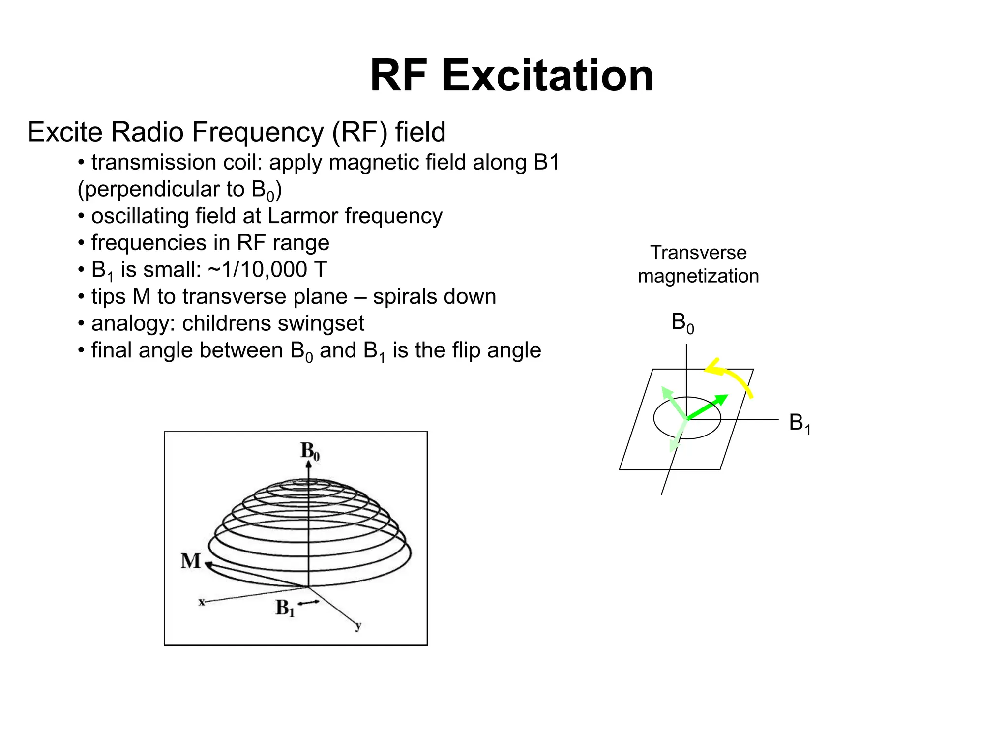RF Excitation
Excite Radio Frequency (RF) field
• transmission coil: apply magnetic field along B1
(perpendicular to B0)
• oscillating field at Larmor frequency
• frequencies in RF range
• B1 is small: ~1/10,000 T
• tips M to transverse plane – spirals down
• analogy: childrens swingset
• final angle between B0 and B1 is the flip angle
B1
B0
Transverse
magnetization
 