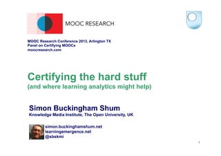 MOOC Research Conference 2013, Arlington TX
Panel on Certifying MOOCs
moocresearch.com

Certifying the hard stuff
(and whe...