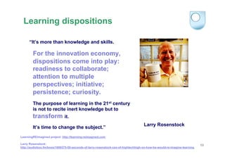 Learning dispositions
“It’s more than knowledge and skills.

For the innovation economy,
dispositions come into play:
read...