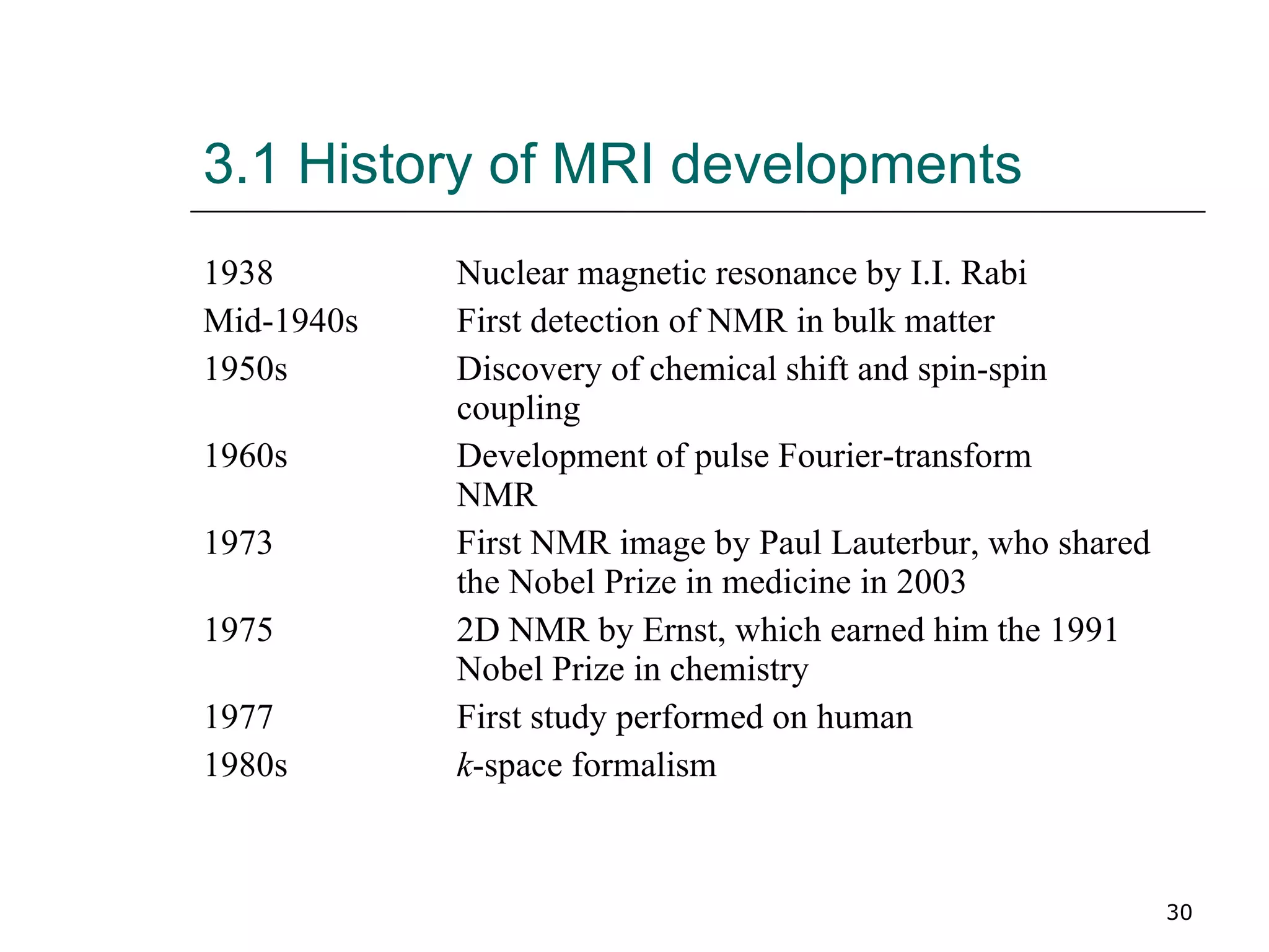 3.1 History of MRI developments 1938 Nuclear magnetic resonance by I.I. Rabi Mid-1940s First detection of NMR in bulk matter 1950s Discovery of chemical shift and spin-spin  coupling 1960s Development of pulse Fourier-transform  NMR 1973 First NMR image by Paul Lauterbur, who shared  the Nobel Prize in medicine in 2003 1975 2D NMR by Ernst, which earned him the 1991  Nobel Prize in chemistry 1977 First study performed on human 1980s k -space formalism 