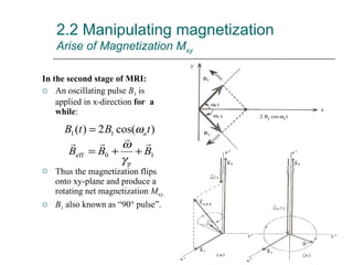 In the second stage of MRI: An oscillating pulse  B 1  is applied in x-direction  for  a while : Thus the magnetization flips onto xy-plane and produce a rotating net magnetization  M xy. B 1  also known as “90° pulse”. 2.2 Manipulating magnetization Arise of Magnetization M xy 