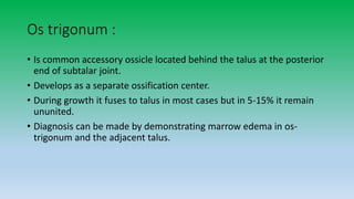 Os trigonum :
• Is common accessory ossicle located behind the talus at the posterior
end of subtalar joint.
• Develops as a separate ossification center.
• During growth it fuses to talus in most cases but in 5-15% it remain
ununited.
• Diagnosis can be made by demonstrating marrow edema in os-
trigonum and the adjacent talus.
 