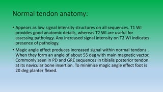 Normal tendon anatomy:
• Appears as low signal intensity structures on all sequences. T1 WI
provides good anatomic details, whereas T2 WI are useful for
assessing pathology. Any increased signal intensity on T2 WI indicates
presence of pathology.
• Magic angle effect produces increased signal within normal tendons .
When they form an angle of about 55 deg with main magnetic vector.
Commonly seen in PD and GRE sequences in tibialis posterior tendon
at its navicular bone insertion. To minimize magic angle effect foot is
20 deg planter flexed.
 