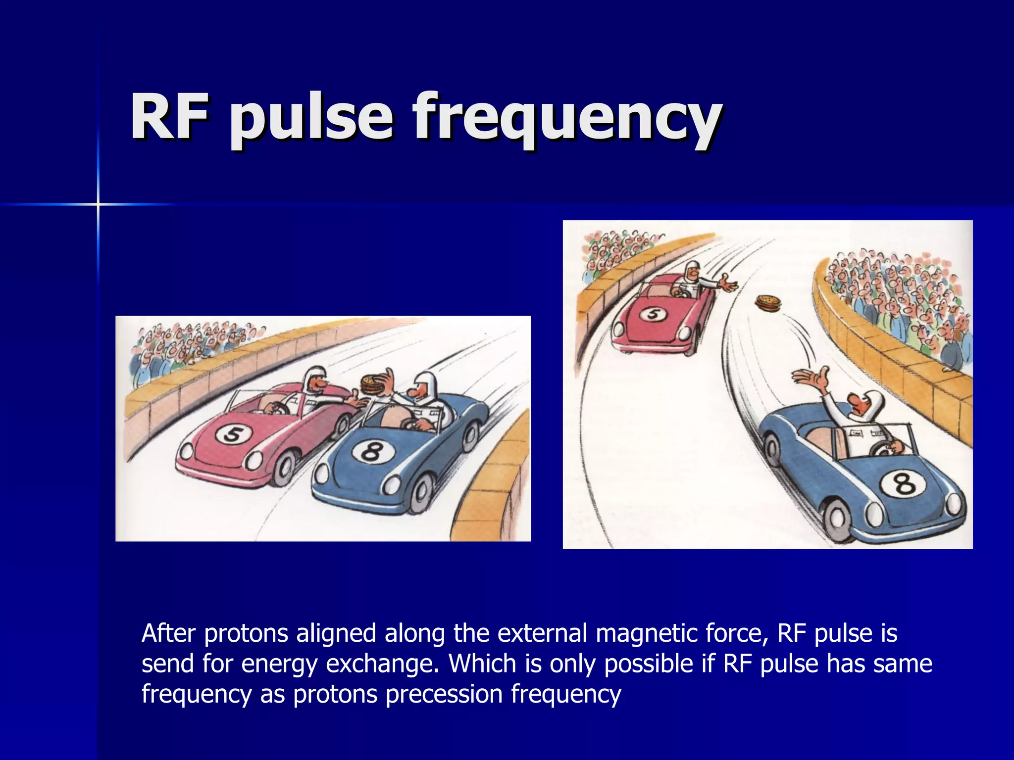 RF pulse frequency After protons aligned along the external magnetic force, RF pulse is  send for energy exchange. Which is only possible if RF pulse has same  frequency as protons precession frequency 