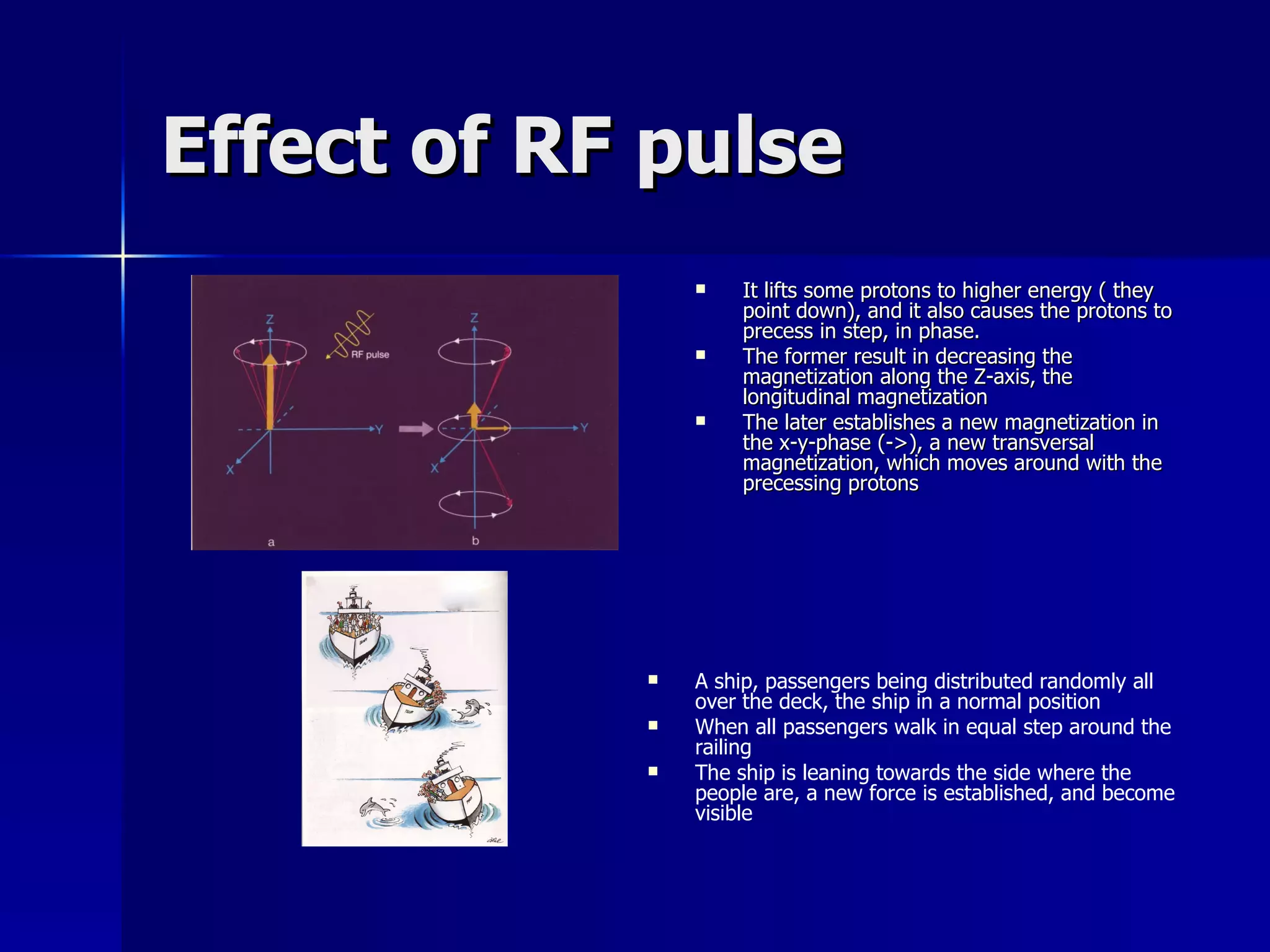 Effect of RF pulse It lifts some protons to higher energy ( they point down), and it also causes the protons to precess in step, in phase. The former result in decreasing the magnetization along the Z-axis, the longitudinal magnetization The later establishes a new magnetization in the x-y-phase (->), a new transversal magnetization, which moves around with the precessing protons A ship, passengers being distributed randomly all over the deck, the ship in a normal position When all passengers walk in equal step around the railing The ship is leaning towards the side where the people are, a new force is established, and become visible 