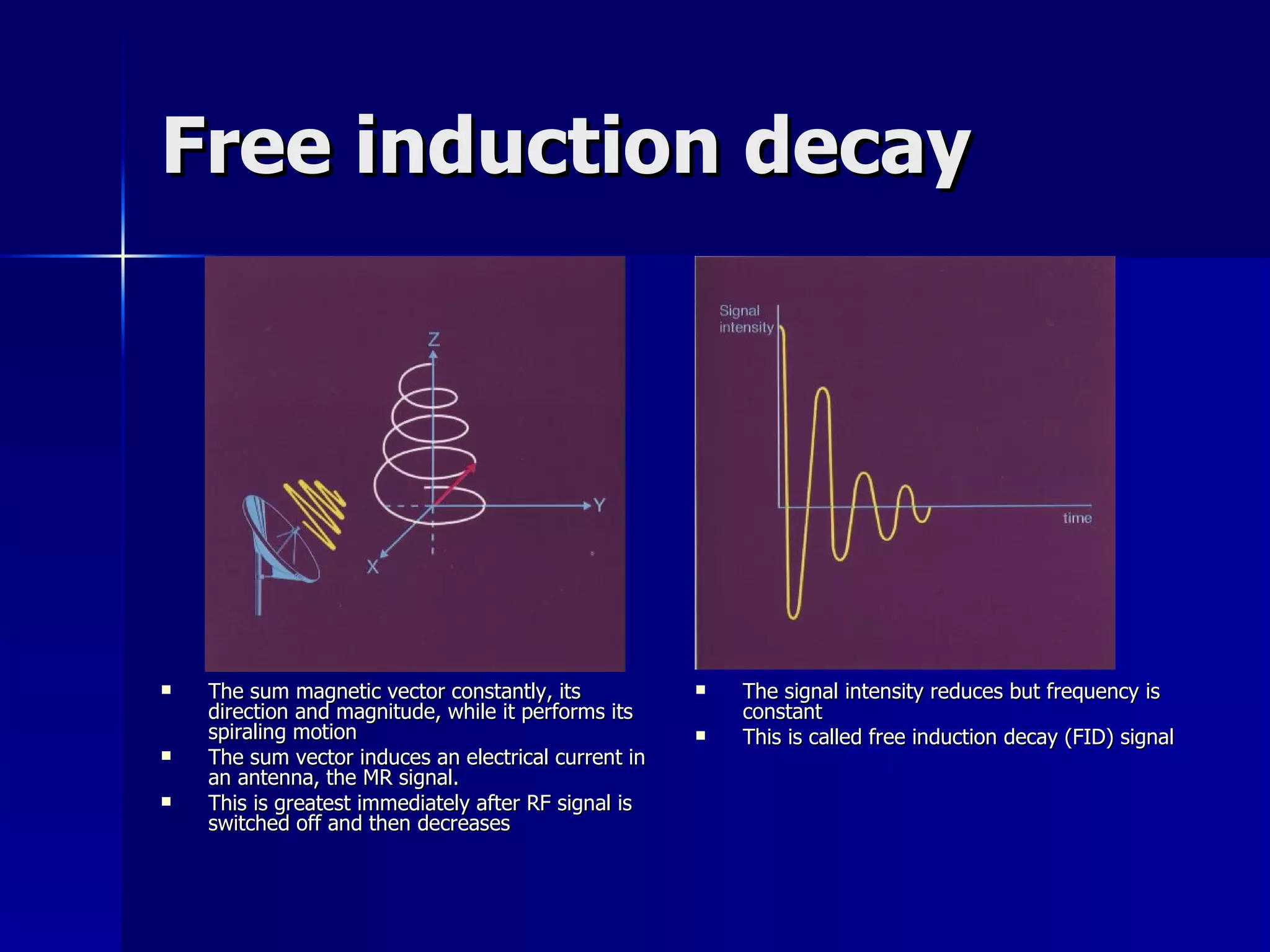 Free induction decay The sum magnetic vector constantly, its direction and magnitude, while it performs its spiraling motion The sum vector induces an electrical current in an antenna, the MR signal. This is greatest immediately after RF signal is switched off and then decreases The signal intensity reduces but frequency is constant  This is called free induction decay (FID) signal 