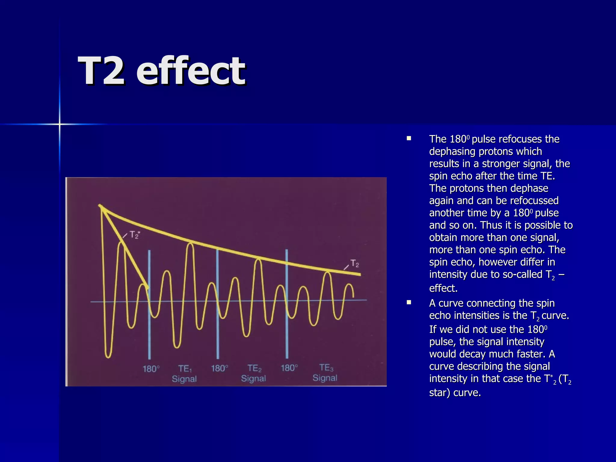 T2 effect The 180 0  pulse refocuses the dephasing protons which results in a stronger signal, the spin echo after the time TE. The protons then dephase again and can be refocussed another time by a 180 0  pulse and so on. Thus it is possible to obtain more than one signal, more than one spin echo. The spin echo, however differ in intensity due to so-called T 2  – effect. A curve connecting the spin echo intensities is the T 2  curve. If we did not use the 180 0  pulse, the signal intensity would decay much faster. A curve describing the signal intensity in that case the T * 2  (T 2  star) curve. 