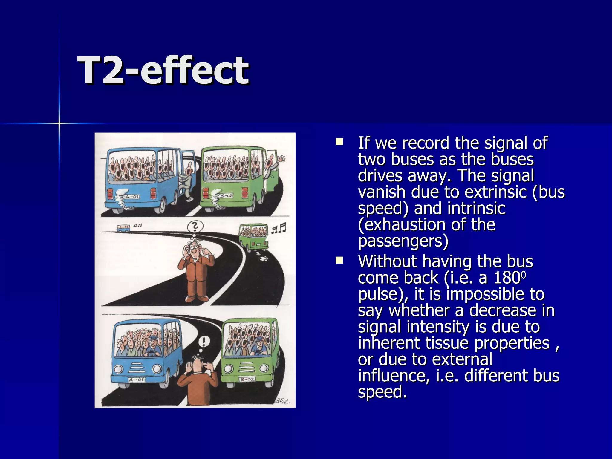 T2-effect If we record the signal of two buses as the buses drives away. The signal vanish due to extrinsic (bus speed) and intrinsic (exhaustion of the passengers)  Without having the bus come back (i.e. a 180 0  pulse), it is impossible to say whether a decrease in signal intensity is due to inherent tissue properties , or due to external influence, i.e. different bus speed. 