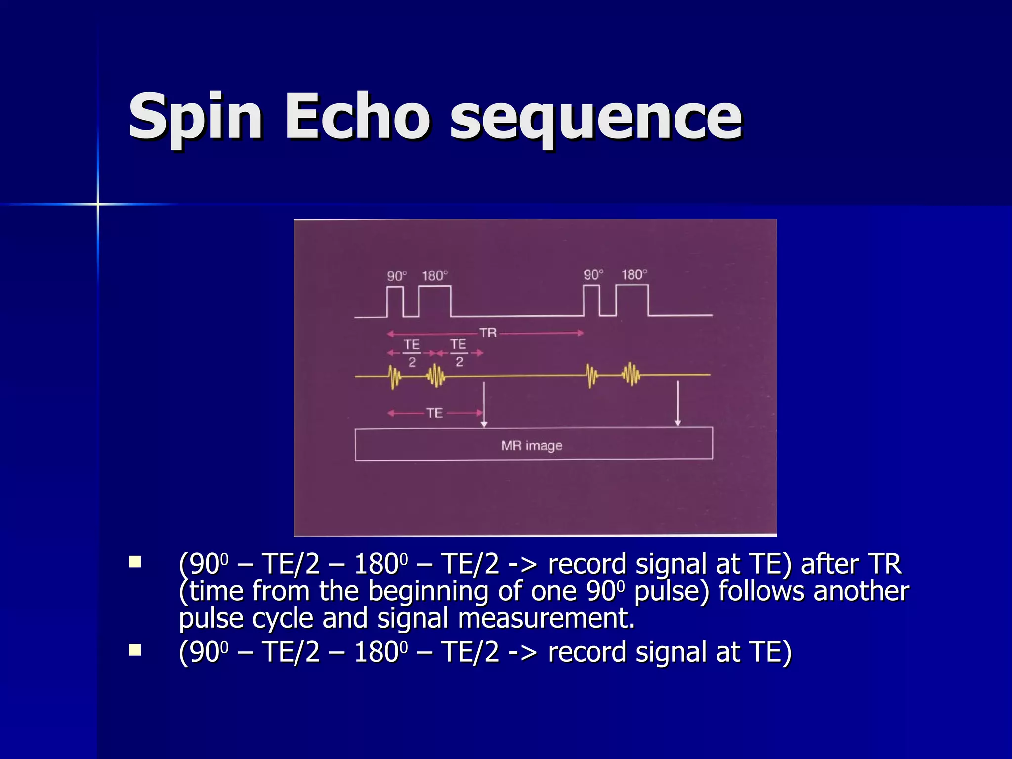Spin Echo sequence (90 0  – TE/2 – 180 0  – TE/2 -> record signal at TE) after TR (time from the beginning of one 90 0  pulse) follows another pulse cycle and signal measurement. (90 0  – TE/2 – 180 0  – TE/2 -> record signal at TE)  