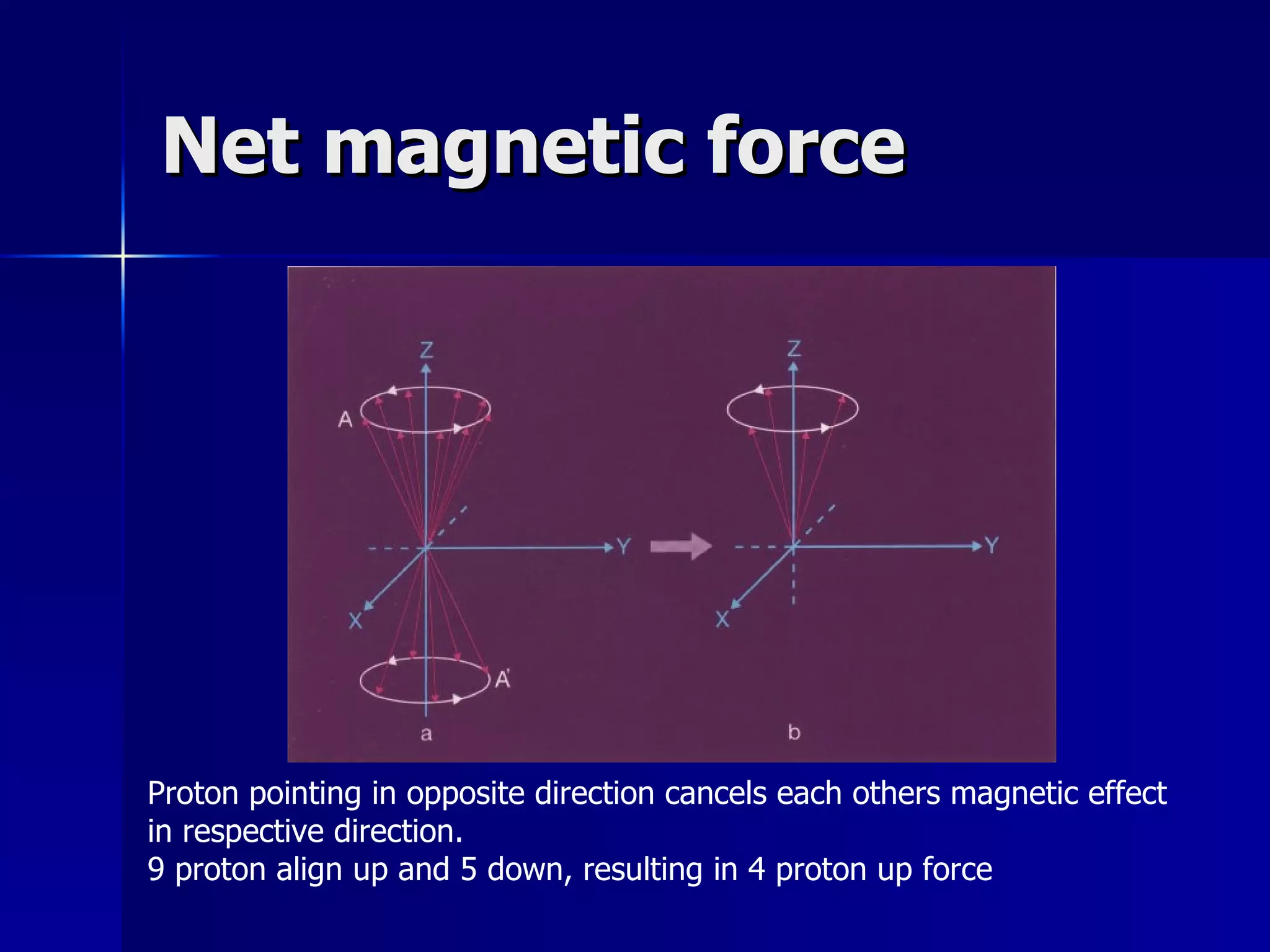Net magnetic force Proton pointing in opposite direction cancels each others magnetic effect in respective direction. 9 proton align up and 5 down, resulting in 4 proton up force 