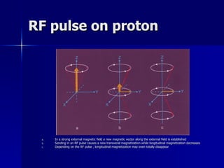 RF pulse on proton In a strong external magnetic field a new magnetic vector along the external field is established Sending in an RF pulse causes a new transveral magnetization while longitudinal magnetization decreases Depending on the RF pulse , longitudinal magnetization may even totally disappear 