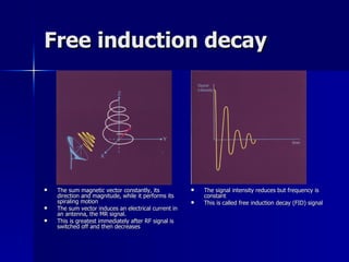 Free induction decay The sum magnetic vector constantly, its direction and magnitude, while it performs its spiraling motion The sum vector induces an electrical current in an antenna, the MR signal. This is greatest immediately after RF signal is switched off and then decreases The signal intensity reduces but frequency is constant  This is called free induction decay (FID) signal 