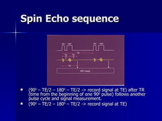 Spin Echo sequence (90 0  – TE/2 – 180 0  – TE/2 -> record signal at TE) after TR (time from the beginning of one 90 0  pulse) follows another pulse cycle and signal measurement. (90 0  – TE/2 – 180 0  – TE/2 -> record signal at TE)  