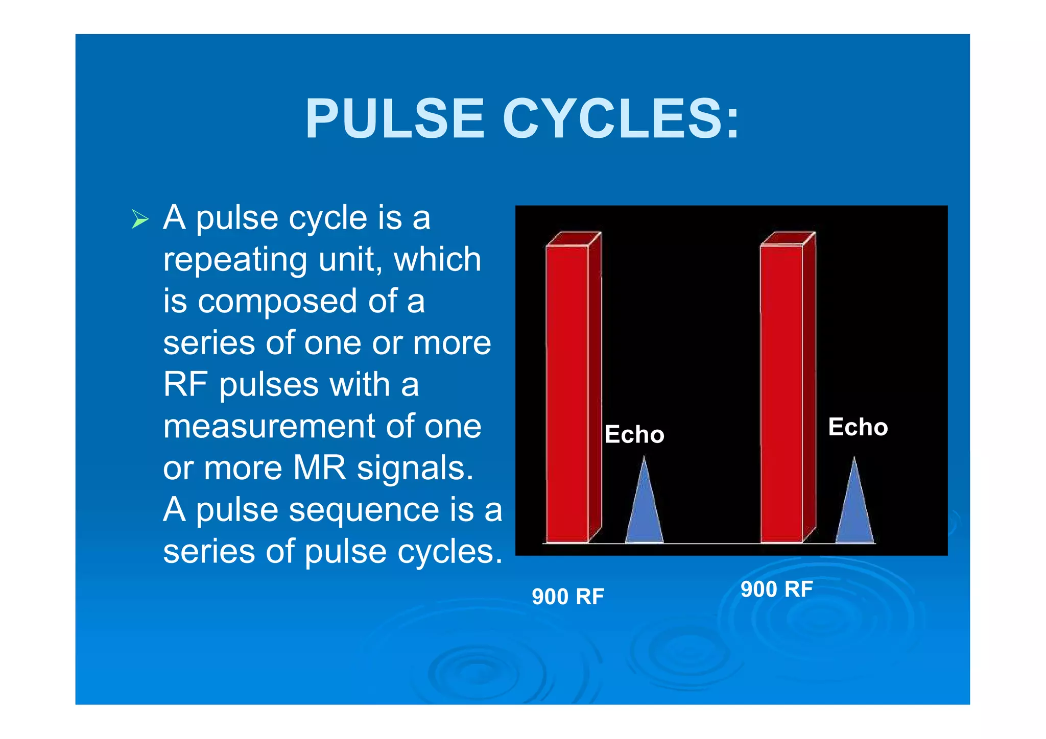 PULSE CYCLES:
 A pulse cycle is a
repeating unit, which
is composed of a
series of one or more
RF pulses with a
measurement of one
or more MR signals.
A pulse sequence is a
series of pulse cycles.
900 RF 900 RF
Echo Echo
 