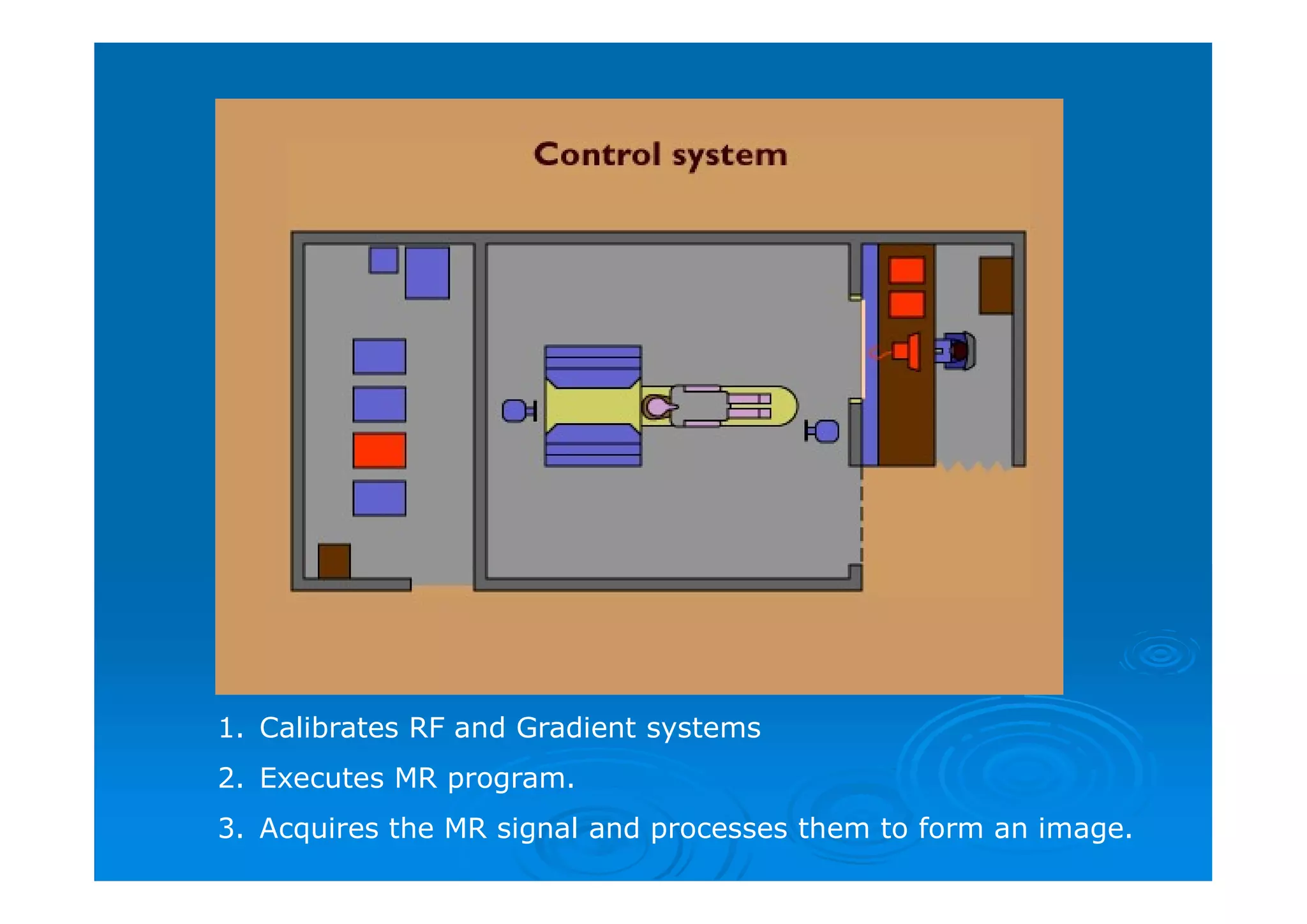 1. Calibrates RF and Gradient systems
2. Executes MR program.
3. Acquires the MR signal and processes them to form an image.
 