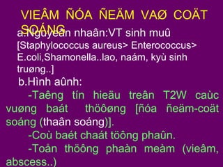 VIEÂM ÑÓA ÑEÄM VAØ COÄT
SOÁNG
a.Nguyeân nhaân:VT sinh muû
[Staphylococcus aureus> Enterococcus>
E.coli,Shamonella..lao, naám, kyù sinh
truøng..]

b.Hình aûnh:
-Taêng tín hieäu treân T2W caùc
vuøng baát
thöôøng [ñóa ñeäm-coät
soáng (thaân soáng)].
-Coù baét chaát töông phaûn.
-Toån thöông phaàn meàm (vieâm,
abscess..)

 