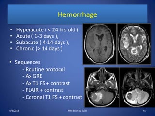 Hemorrhage
• Hyperacute ( < 24 hrs old )
• Acute ( 1-3 days ),
• Subacute ( 4-14 days ),
• Chronic (> 14 days )
• Sequences
- Routine protocol
- Ax GRE
- Ax T1 FS + contrast
- FLAIR + contrast
- Coronal T1 FS + contrast
9/3/2013 45MRI Brain by Sudil
 