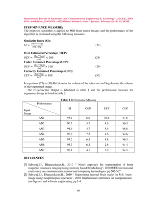 International Journal of Electronics and Communication Engineering & Technology (IJECET), ISSN
0976 – 6464(Print), ISSN 0976 – 6472(Online) Volume 4, Issue 1, January- February (2013), © IAEME

PERFORMANCE MEASURE:
The proposed algorithm is applied to MRI brain tumor images and the performance of the
algorithm is evaluated using the following measures.


ܵ‫ = ܫ‬ோ௘௙ାௌ௘௚
     ଶ(ோ௘௙∩ௌ௘௚)
Similarity Index (SI):
                                                               (27)


         തതതതതത
ܱ‫= ܲܧ‬                × 100
        (ோ௘௙ ∩ௌ௘௚)
Over Estimated Percentage (OEP):

           ோ௘௙
                                                               (28)

             തതതതത
ܷ‫= ܲܧ‬                × 100
        (ோ௘௙∩ௌ௘௚)
Under Estimated Percentage (UEP):

           ோ௘௙
                                                               (29)


‫= ܲܧܥ‬            × 100
       (ோ௘௙∩ௌ௘௚)
Correctly Estimated Percentage (CEP):
          ோ௘௙
                                                               (30)

In equations (27) to (30) Ref denotes the volume of the reference and Seg denotes the volume
of the segmented image.
   The Experimental Output is tabulated in table 1 and the performance measure for
segmented image is listed in table 2.

                                Table 2 Performance Measure
           Performance
                                       SI             OEP              UEP             CEP
Input
Image
             AN1                      93.2             6.6             10.8            97.6
             AN2                      90.7             5.5             4.6             96.3
             AN3                      94.9             4.7             5.4             98.8
             AN4                      96.0             7.3             4.6             94.6
             AN5                      93.2             6.3             8.8             96.3
             AN6                      95.7             6.2             2.8             91.4
             AN7                      96.1             4.1             3.2             94.3

REFERENCES

[1] Selvaraj.,D., Dhanasekaran,R., 2010 “ Novel approach for segmentation of brain
    magnetic resonance imaging using intensity based thresholding”, 2010 IEEE international
    conference on communication control and computing technologies, pp 502-507.
[2] Selvaraj.,D., Dhanasekaran,R., 2010 “ Segmenting internal brain nuclei in MRI brain
    image using morphological operators”, 2010 International conference on computational
    intelligence and software engineering, pp 1-4.


                                               66
 