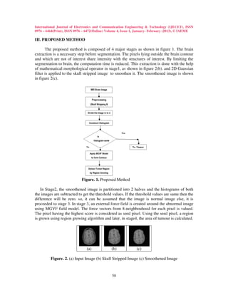 International Journal of Electronics and Communication Engineering & Technology (IJECET), ISSN
0976 – 6464(Print), ISSN 0976 – 6472(Online) Volume 4, Issue 1, January- February (2013), © IAEME

III. PROPOSED METHOD

       The proposed method is composed of 4 major stages as shown in figure 1. The brain
extraction is a necessary step before segmentation. The pixels lying outside the brain contour
and which are not of interest share intensity with the structures of interest. By limiting the
segmentation to brain, the computation time is reduced. This extraction is done with the help
of mathematical morphological operator in stage1, as shown in figure 2(b). and 2D Gaussian
filter is applied to the skull stripped image to smoothen it. The smoothened image is shown
in figure 2(c).




                            Figure. 1. Proposed Method

    In Stage2, the smoothened image is partitioned into 2 halves and the histograms of both
the images are subtracted to get the threshold values. If the threshold values are same then the
difference will be zero. so, it can be assumed that the image is normal image else, it is
proceeded to stage 3. In stage 3, an external force field is created around the abnormal image
using MGVF field model. The force vectors from 8-neighbouhood for each pixel is valued.
The pixel having the highest score is considered as seed pixel. Using the seed pixel, a region
is grown using region growing algorithm and later, in stage4, the area of tumour is calculated.




                               (a)             (b)            (c)

         Figure. 2. (a) Input Image (b) Skull Stripped Image (c) Smoothened Image



                                               58
 