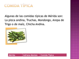 Comida Típica Algunas de las comidas típicas de Mérida son: La pizca andina, Truchas, Mondongo, Arepa de Trigo o de maíz, Chicha Andina.