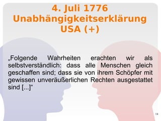 14
4. Juli 1776
Unabhängigkeitserklärung
USA (+)
„Folgende Wahrheiten erachten wir als
selbstverständlich: dass alle Menschen gleich
geschaffen sind; dass sie von ihrem Schöpfer mit
gewissen unveräußerlichen Rechten ausgestattet
sind [...]“
 