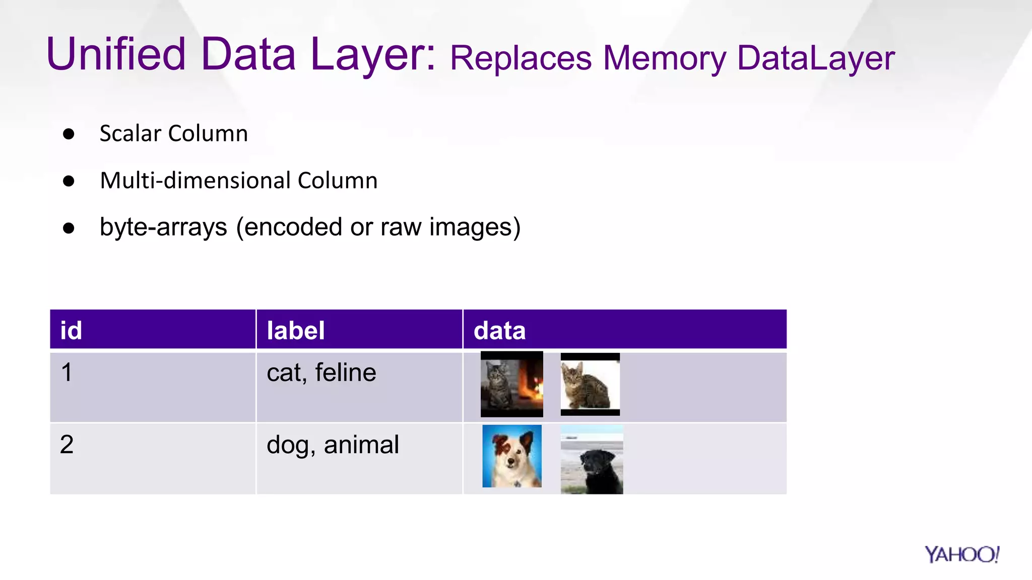 Unified Data Layer: Replaces Memory DataLayer
● Scalar Column
● Multi-dimensional Column
● byte-arrays (encoded or raw images)
id label data
1 cat, feline
2 dog, animal
 