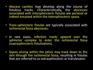 • Abscess cavities may develop along the course of
fistulous tracks. Characteristically, the abscesses
associated with intersphincteric fistulas are perianal or
indeed encysted within the intersphincteric space.
• Trans-sphincteric fistulas are typically associated with
ischiorectal fossa abscesses.
• In rare cases, infection tracks upward over the
sphincter complex to enter the ischiorectal fossa
(suprasphincteric fistulization).
• Sepsis arising within the pelvis may track down to the
skin through the ischiorectal fossa, resulting in fistulas
that are referred to as extrasphincteric or translevator.
 